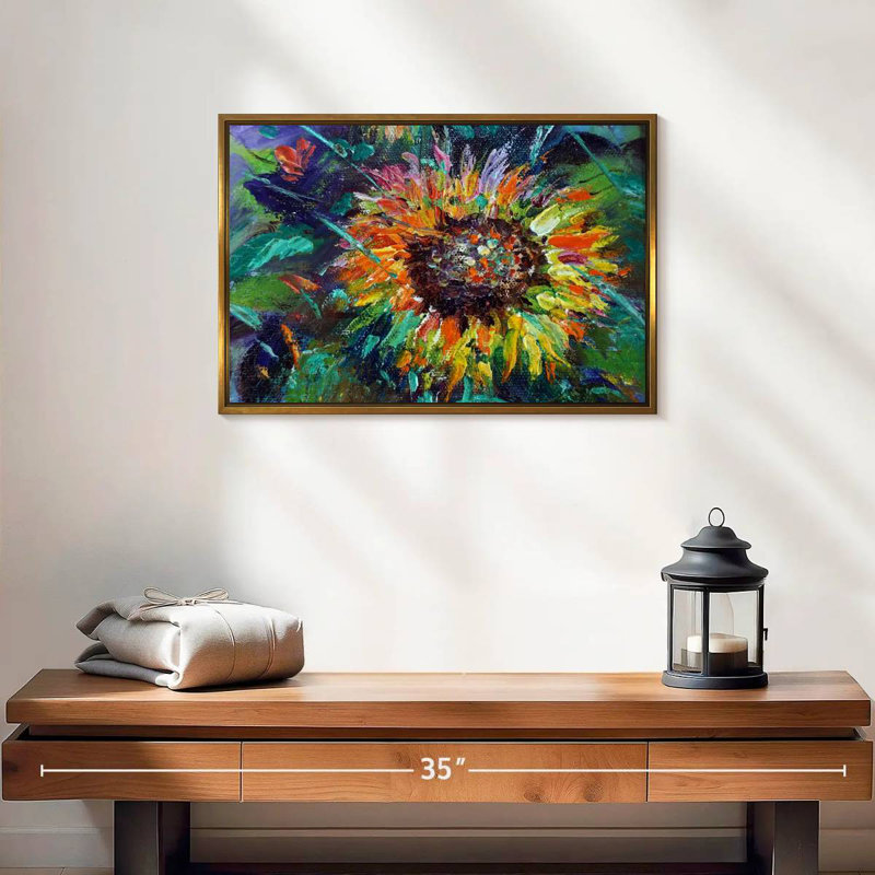 Tournesol coloré, 19 po x 13 po, Cadre flottant doré