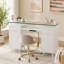 Table de manucure blanche moderne, bureau à clous avec plateau en verre, armoires de rangement, tiroirs et prises de courant pour la maison ou le studio