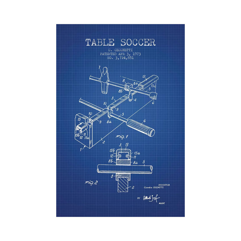C. Cecchetti Table Soccer Patent Sketch (Blue Grid) by Aged Pixel - Wrapped Canvas Print, 101.6 cm H x 66.04 cm W x 1.91 cm D