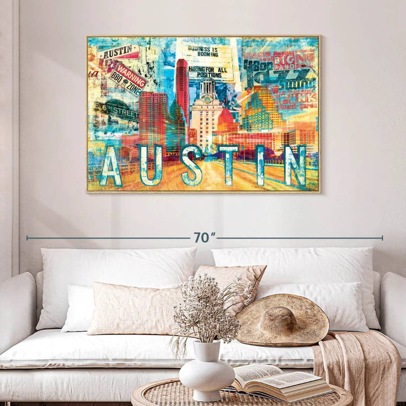 Road to Austin City Grunge, 46 po x 31 po, Cadre flottant en bois naturel