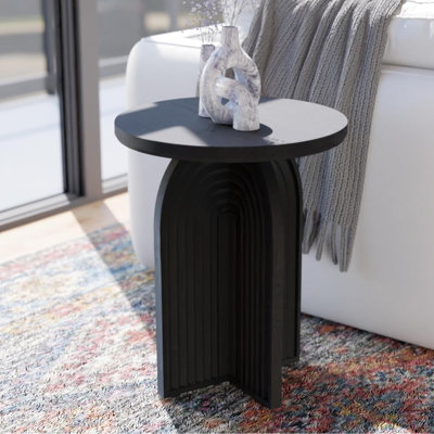 Modern Solid Wood Round End Table with Fluted Pedestal Base, Black Finish