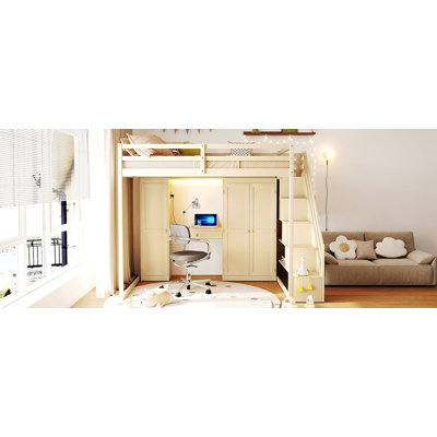 Lit mezzanine double avec escalier de rangement, coiffeuse encastrée avec miroir et tiroir, armoire et armoires, ports et lumières de chargement USB, beige
