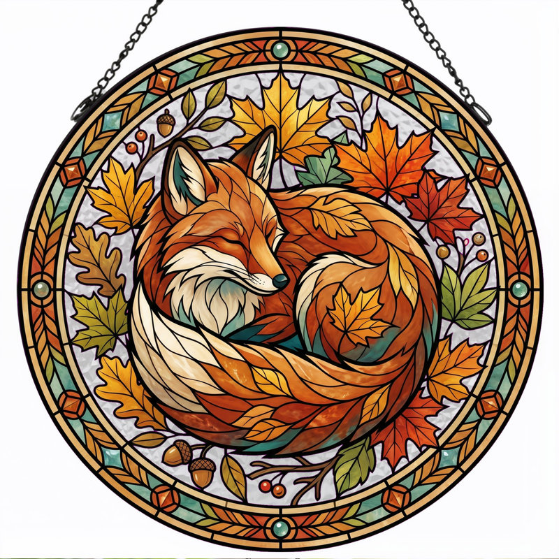 Panneau de vitrail Autumn Fox, 7,8 heures, H 7,8 po