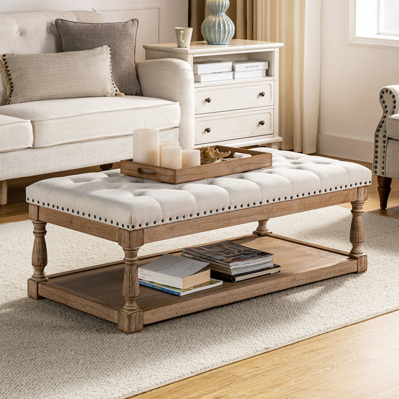 Repose-pieds rectangulaire avec plateau de rangement en bois massif touffeté l 47,5 po Clymer Farmhouse, Lin blanc