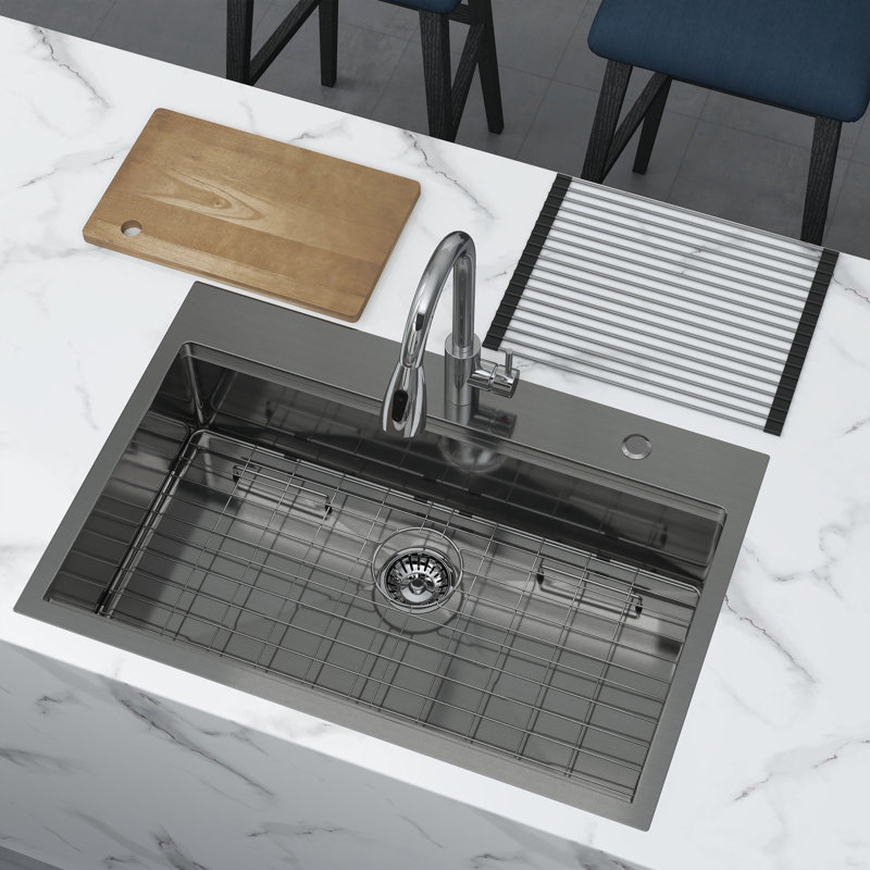 Évier de cuisine à simple cuve en acier inoxydable encastrable L 33 po x l 22 po, Noir