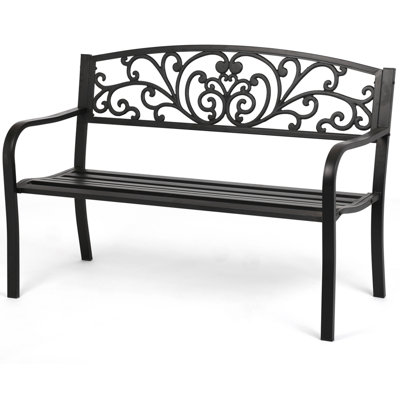 Hartwig 50" Outdoor Garden Bench, Patio Park Bench with Floral Pattern Backrest for Porch Lawn Yard by Fleur De Lis Living