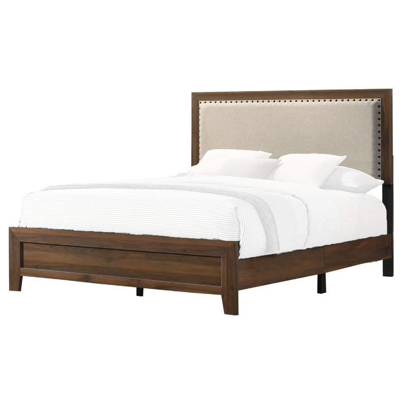 Shannon Panel Bed With Nailhead Trim, Fabric, Wood, Ivory/Cherry Brown, King