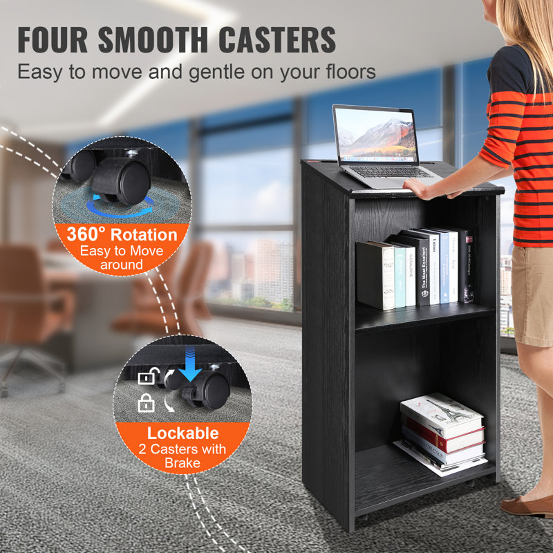 Black MDF Rolling Podium Stand with Adjustable Shelves