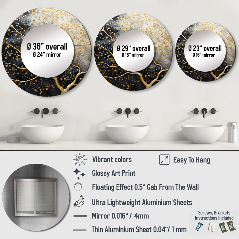 Golden Branch Tree Luminous Tangle II - Tree Monochrome Round Mirror Wall Decor, 36 po x 36 po, Rond