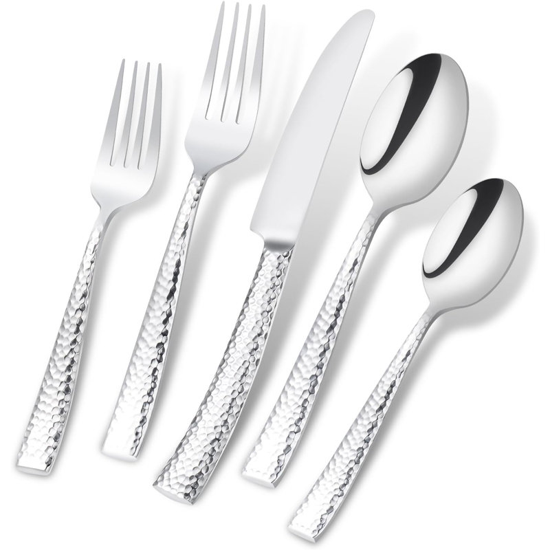 Ensemble de couverts en acier inoxydable avec motif martelé et poli miroir, ensemble de couverts 20 pièces pour les repas quotidiens et les occasions spéciales, va au lave-vaisselle