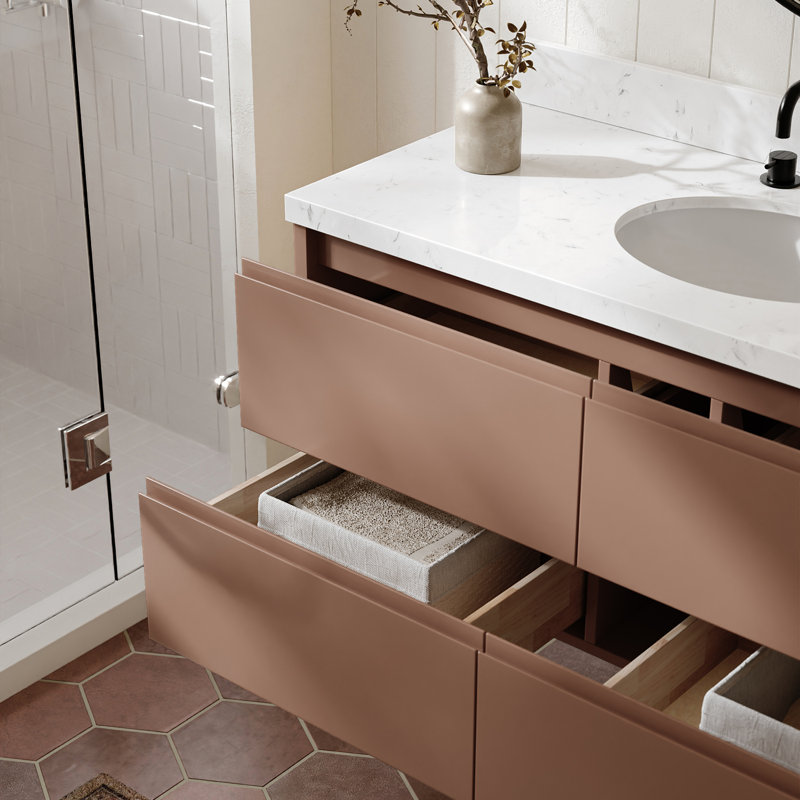   Ensemble de meuble-lavabo mural ovale simple 48 po avec comptoir en quartz Carrara de 1,5 po Ensuko, Ovale, Moka