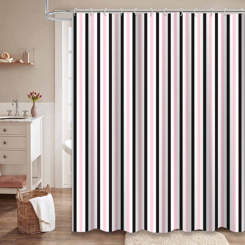 Rideau de douche rayé rose noir avec 12 crochets, L 72 po x l 78 po