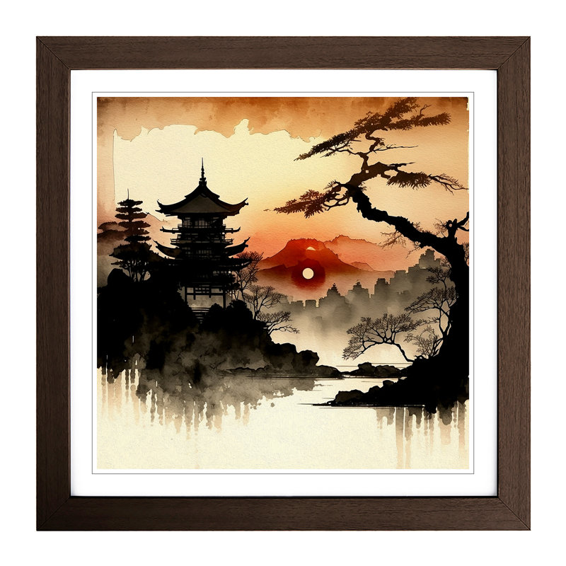 Japanese Sunset Ink Wash - Framed Print, Walnut