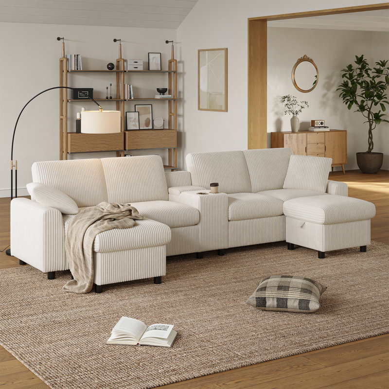 6 Seater Corduroy Sofa, Beige