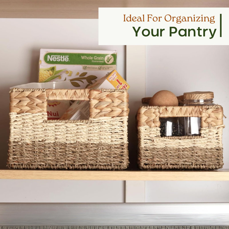 Wicker Storage Baskets, Set Of 3 Water Hyacinth Storage Baskets For Organizing, Storage Bins Container For Shelves, Woven Pantry Baskets, 3-Pack, Natural, Built-In Carry Handles