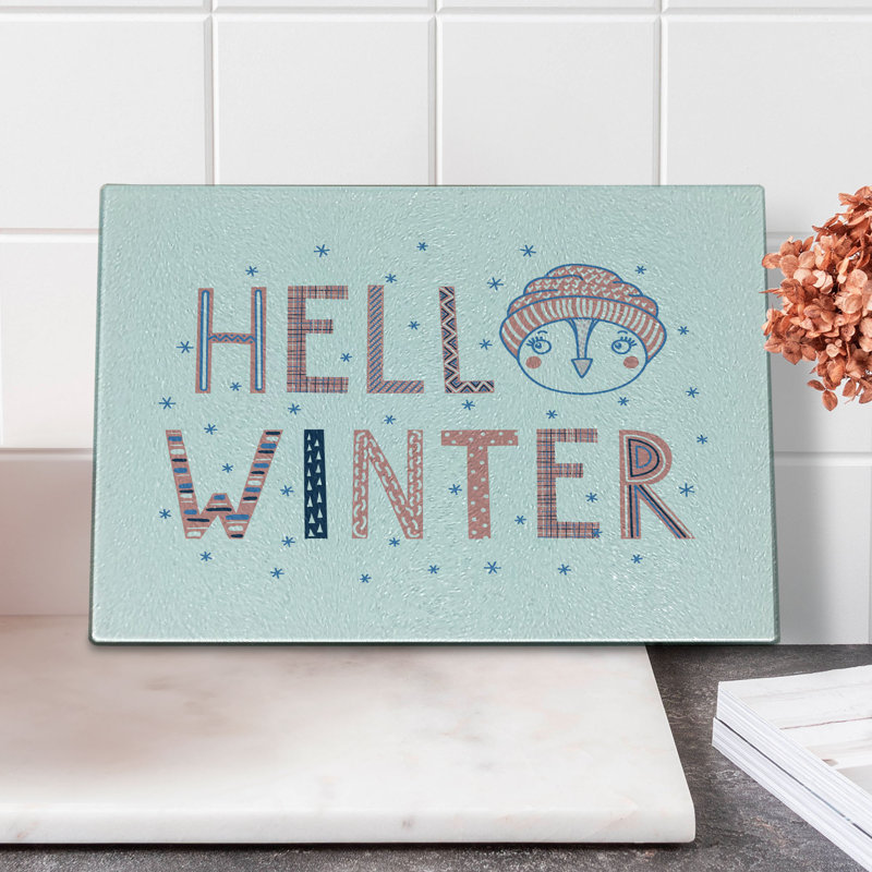 Ambesonne Winter Tempered Glass Cutting Board Hello Text Funny Face Multicolor