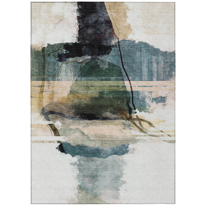 Machine Washable Indoor/Outdoor Xhevrie Green Rug, Rectangle 3' x 5'
