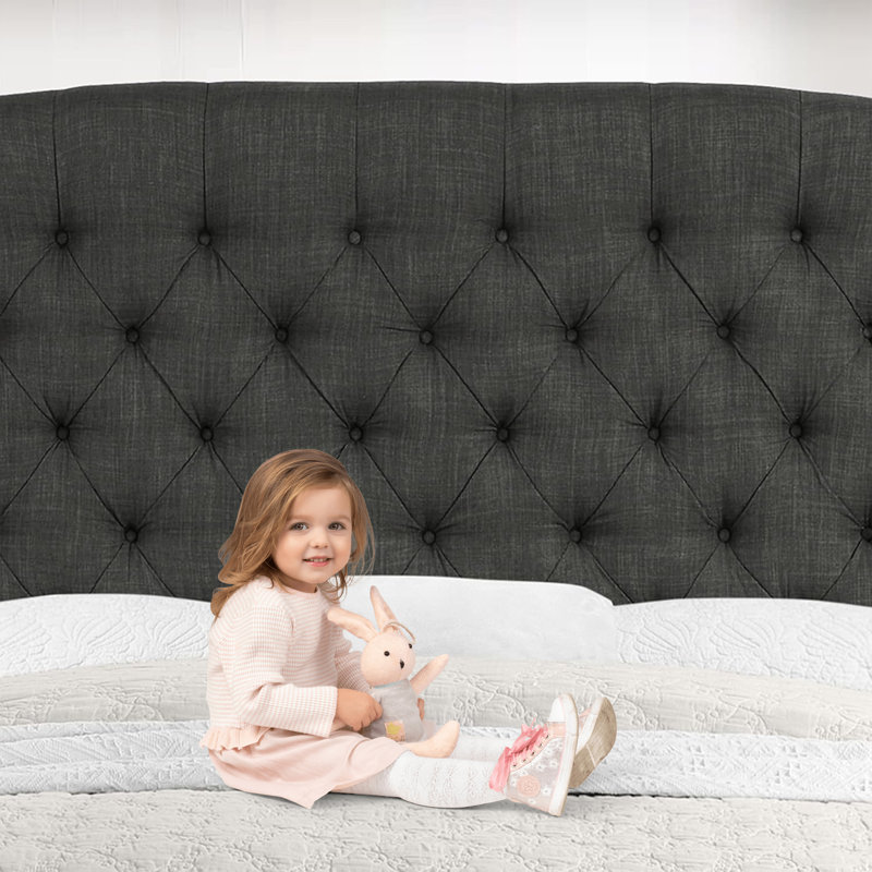Luxury Linen Upholstered Wingback Headboard – Modern - Adjustable Height - Button Tufting, Black, Queen