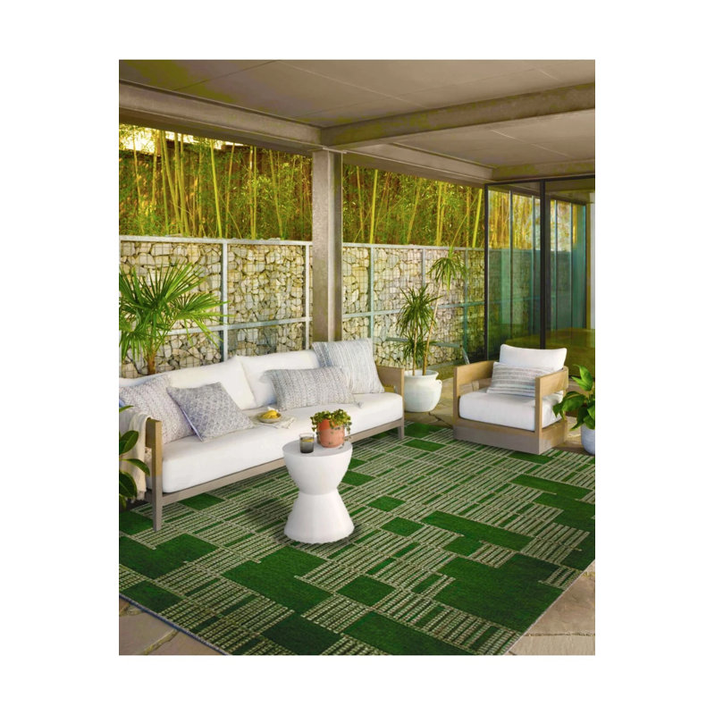 Geometric Green Colored Themed Patterned Woven Base Carpet And Washable Carpet, Round 5'