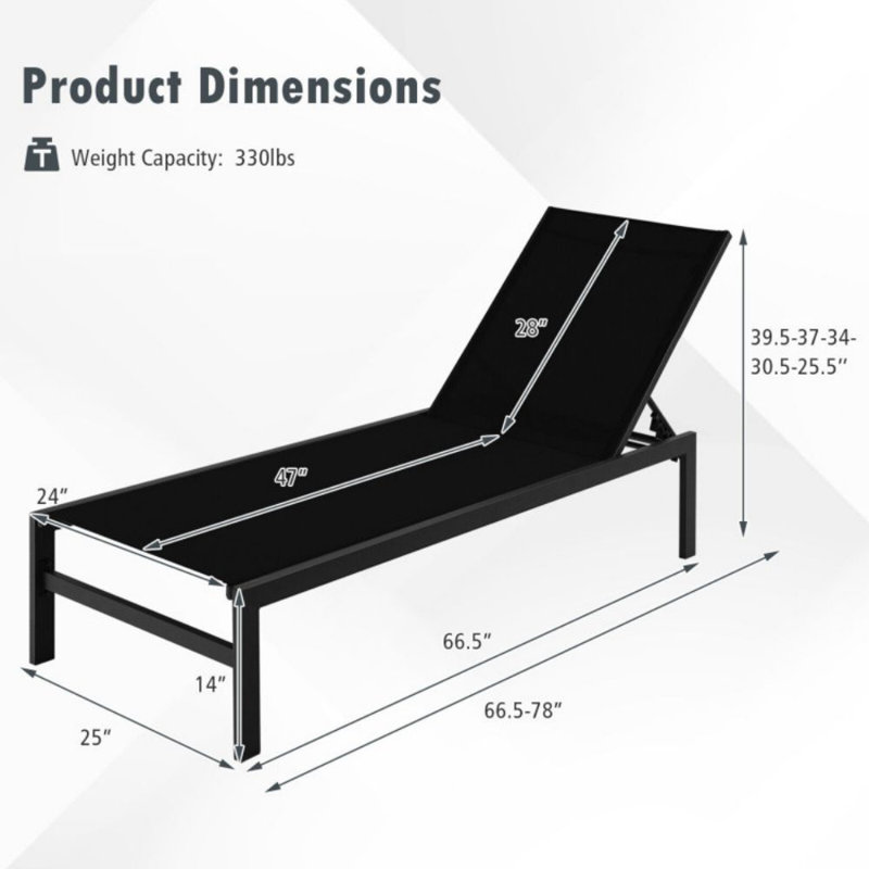 Chaise longue à 6 positions avec structure en aluminium antirouille, Noir