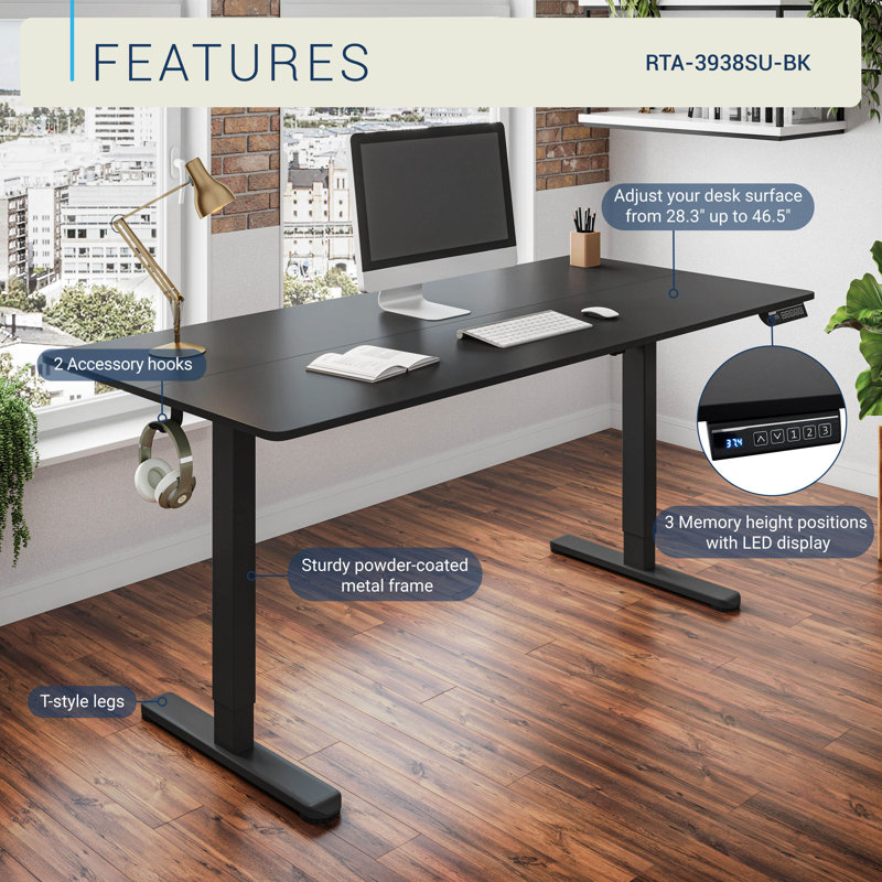 55” W Electric Standing Desk, Height Adjustable Sit-to-Stand Desk with 3 Memory Presets and Dual Accessory Hooks, Black
