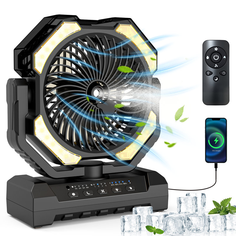16000mAh Rechargeable Camping Misting Fan, 250ml Water Tank,4 Speed, Remote Control, Timer, 4 LED Brightness, Black