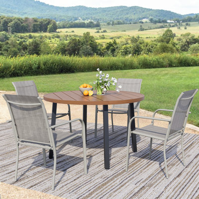 5-Piece Outdoor Dining Set, Round Metal Table With 4 Chairs, Walnut Patio Table With Umbrella Hole For Garden, Yard, Patio by Ebern Designs