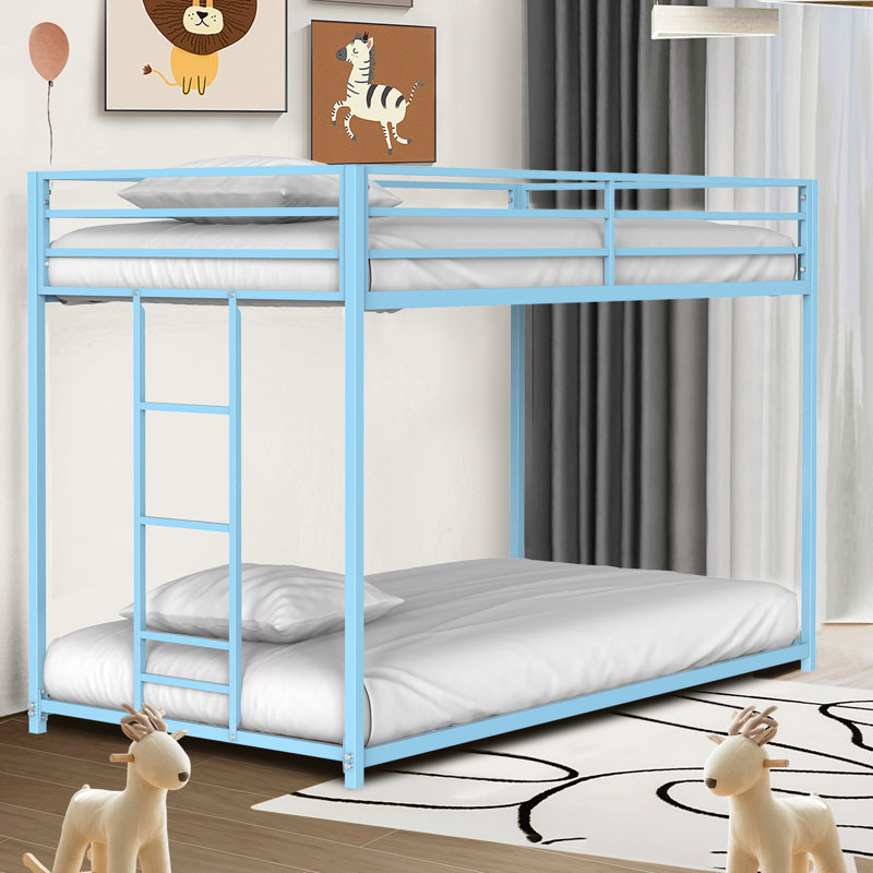 Twin Over Twin Bunk Bed - Lifesky Metal Low Profile Bunkbed With Side Ladder, Blue