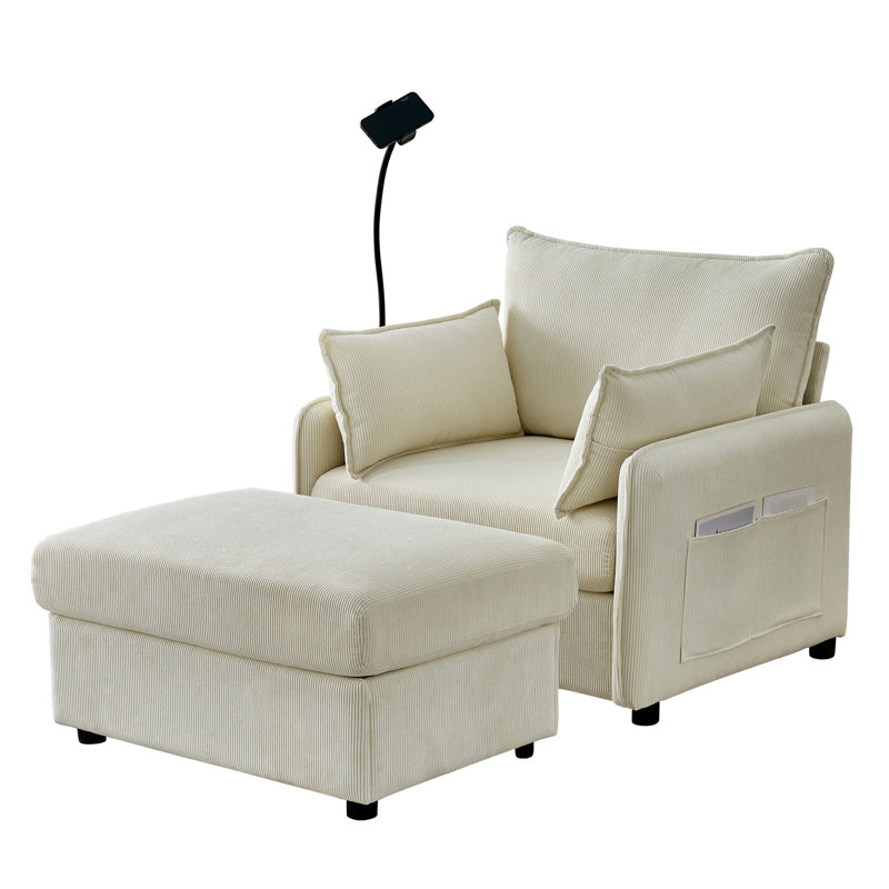 Intérieur de 55 po beige, espace de vie principal, rembourrage à ressort, ports, support de téléphone réglable, conception britannique antique, chaise longue surdimensionnée avec cadre en bois d'eucalyptus et rangement, lit simple confortable pour