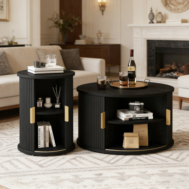  Ensemble de table basse et de table de bout 2 pièces avec portes coulissantes et rangement pour le salon, Brun