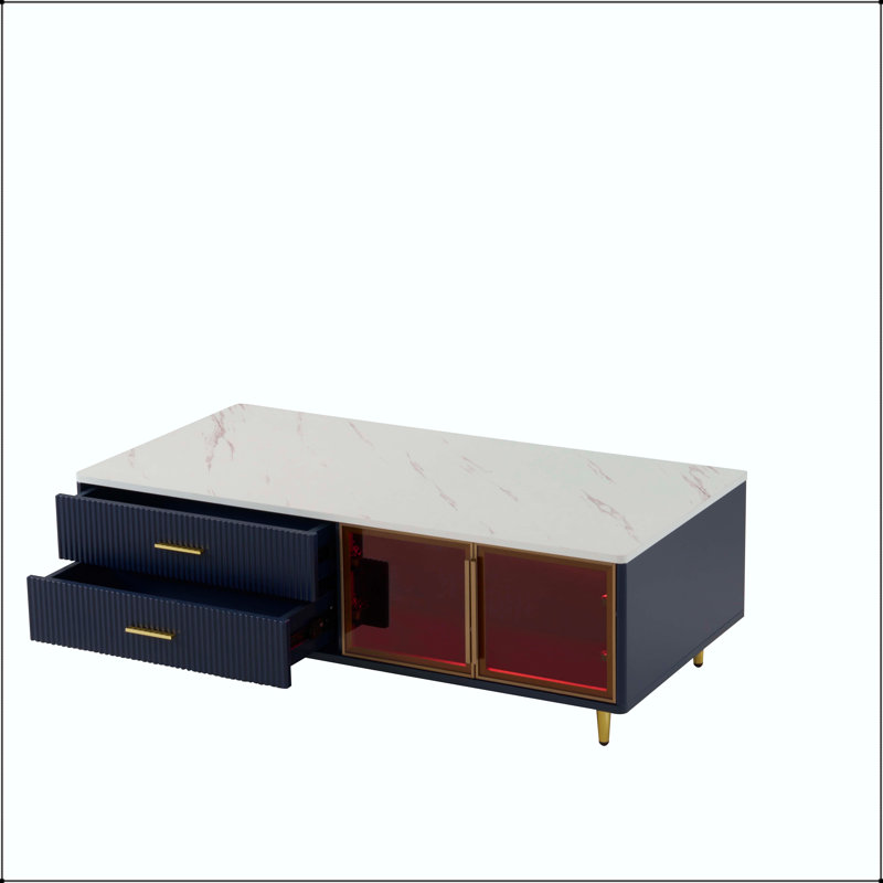 Table basse moderne bleue avec portes en verre, tiroirs et lumières RVB