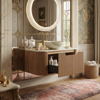 Meuble-lavabo flottant avec plateau en pierre frittée, armoire de rangement en contreplaqué à rayures 3D avec vasque, pré-assemblé, bois naturel
