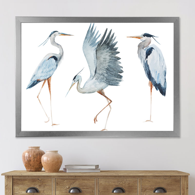 Heron oiseaux II - peinture sur toile encadrée, Encadrement argenté, H 24 po x l 32 po x P 1 po