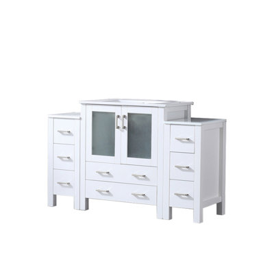 Meuble-lavabo simple gris foncé l 54 po x P 18,25 po, avec armoires latérales et plateau en céramique blanche