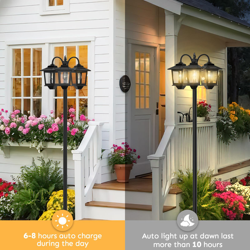 3-Head Aluminum Solar Lamp Post Light With Dusk-To-Dawn Sensor