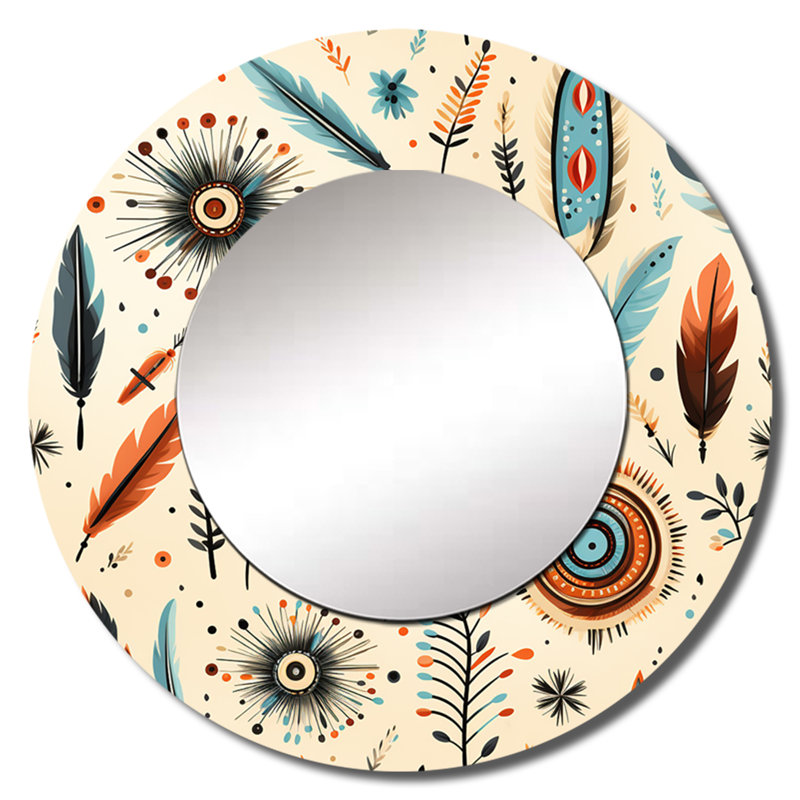 Beige Vintage Nomad Ii Boho Pattern - boho  Decorative Mirror, Boho Large Round Wall Mirror, Printed Metal Art, 23" x 23"