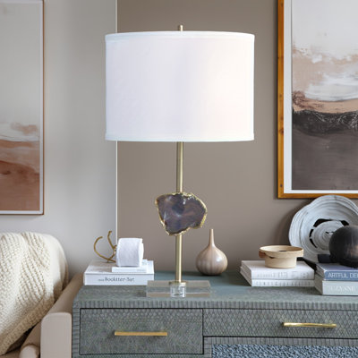 14x25.2" Gold Table Lamp With Natural Agate Slice – Acrylic Base & White Fabric Drum Shade For Home (shade Assembly Required)