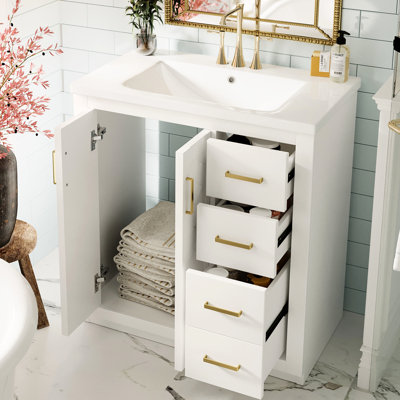 Meuble-lavabo de style rétro de 30 po, lavabo en céramique, structure en bois massif, portes à fermeture douce, planches, 3 tiroirs, rangement spacieux, poignées en métal exquis, meuble-lavabo avec charnières, poignée,