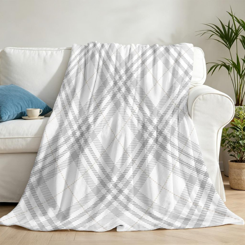 Jeté en flanelle blanche ultra douce, imprimé tartan sur une face, Jeté 50 po x 60 po