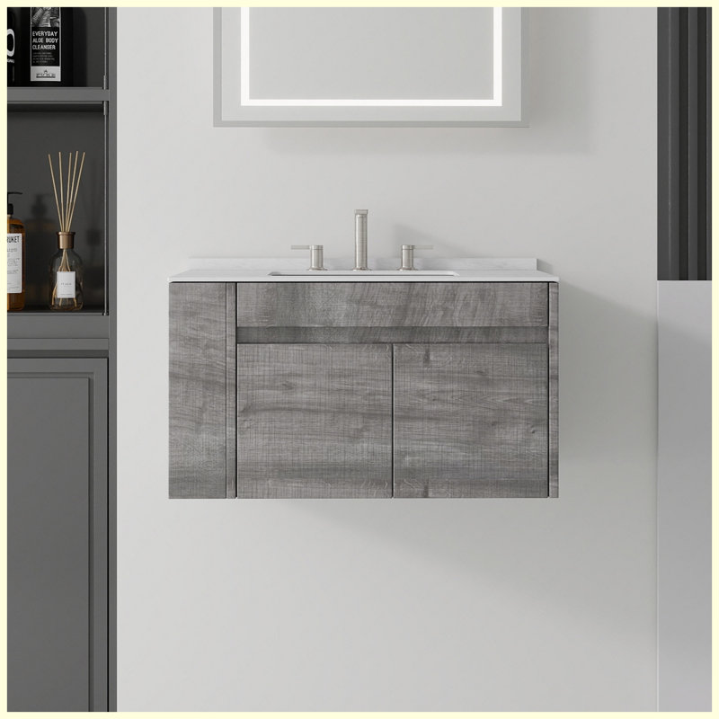 Meuble-lavabo flottant 30 po avec lavabo, porte à fermeture en douceur, comptoir et dosseret en marbre de culture blanc de 0,6 po Carrara, contreplaqué, gris