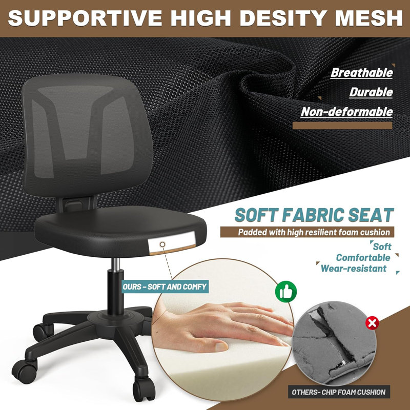 Armless Compact Rolling Office Desk Chair With Adjustable Height And Wheels