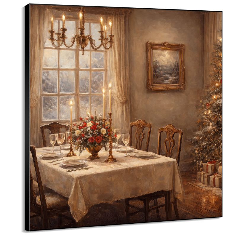 Très grand art mural imprimé sur tissu - Table de salle à manger de Noël brun, décor de salle à manger rustique - «Assemblage requis du cadre (cadre non fini)»