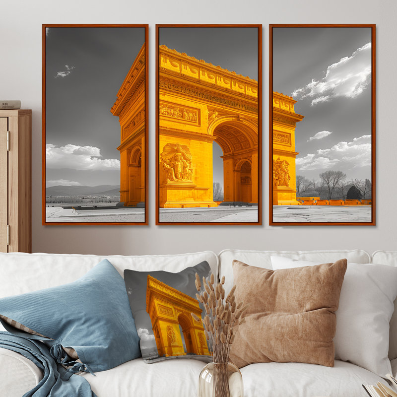 Ensemble de décorations murales en pierre jaune et gris Monument Arc De Triomphe, Toile avec cadre flottant brun