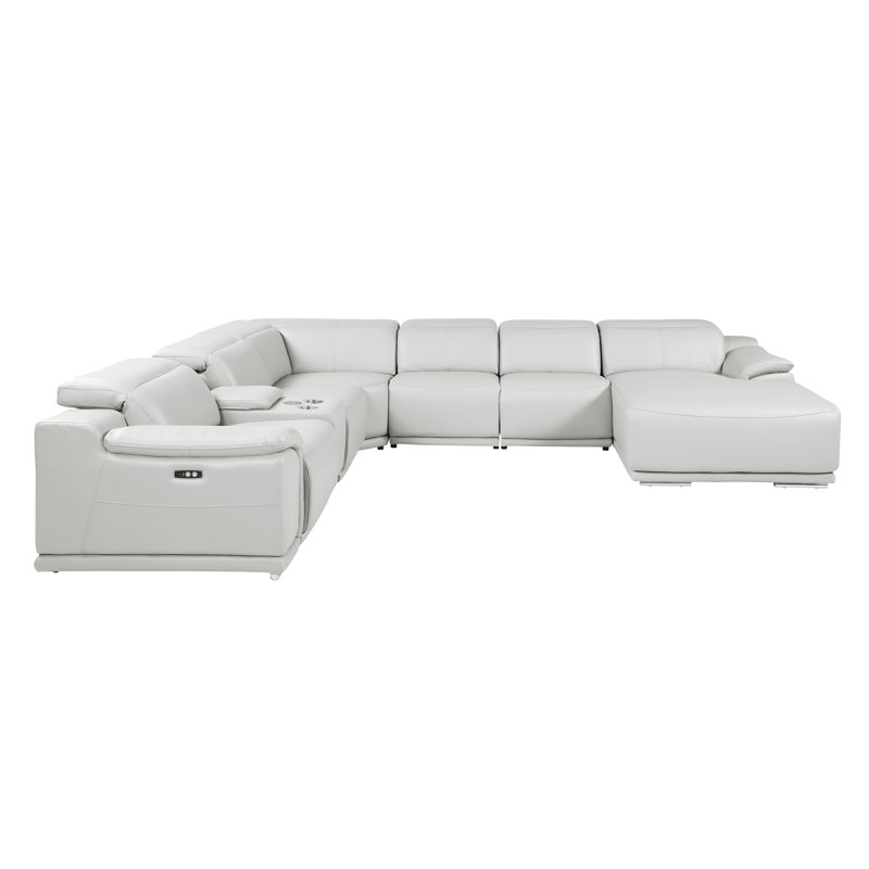 Canapé d'angle en L 6 pièces, blanc, orienté vers la droite, en cuir véritable, avec 2 fauteuils inclinables électriques et appuie-tête réglables