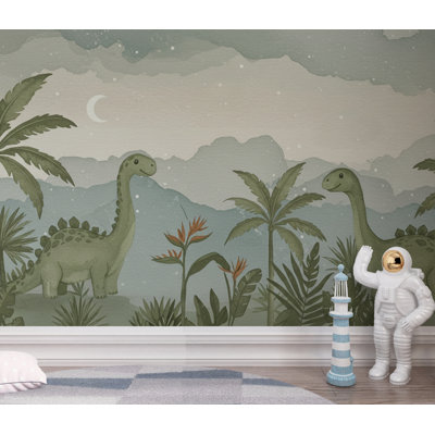 Papier peint chambre de dinosaure, dinosaures de la jungle peints à la main, papier peint chambre d'enfant neutre, aquarelle douce, décoration de chambre de bébé 246DRE