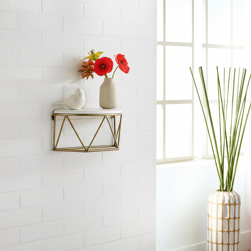 Poulos Wood and Metal Wall Shelf with Geometric Iron Frame - Stylish Floating Storage for Decorative Display, White/Gold