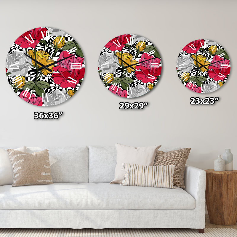 Horloge murale à motif fleurs rouges et jaunes sur fond noir et blanc, Petit