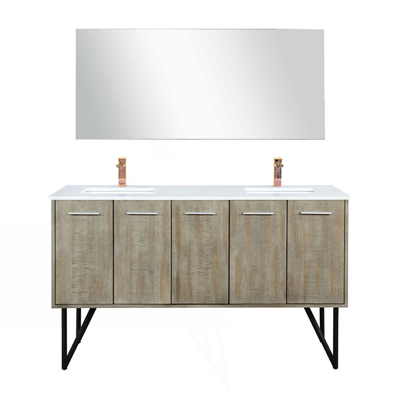60 po X P 20 po D Ensemble de meuble-lavabo double rustique avec plateau en quartz blanc, ensemble de robinetterie Miroir