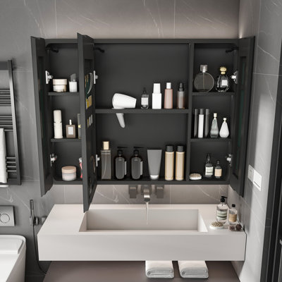 Armoire à pharmacie en aluminium avec miroir, armoire à pharmacie de 35 po x 28 po avec lumière DEL 3S et fonction de désembuage, armoire de salle de bain avec étagère à cosmétiques et support pour sèche-cheveux