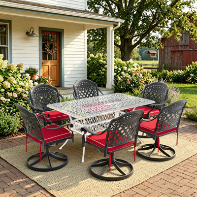 Outdoor Cast Aluminum Swivel Patio Chair With 360° Swivel Function, Red Cushion - Set Of 6